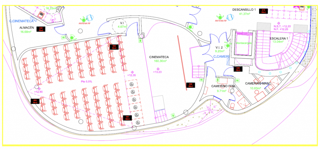 Plano en sección de la Sala Cinemateca