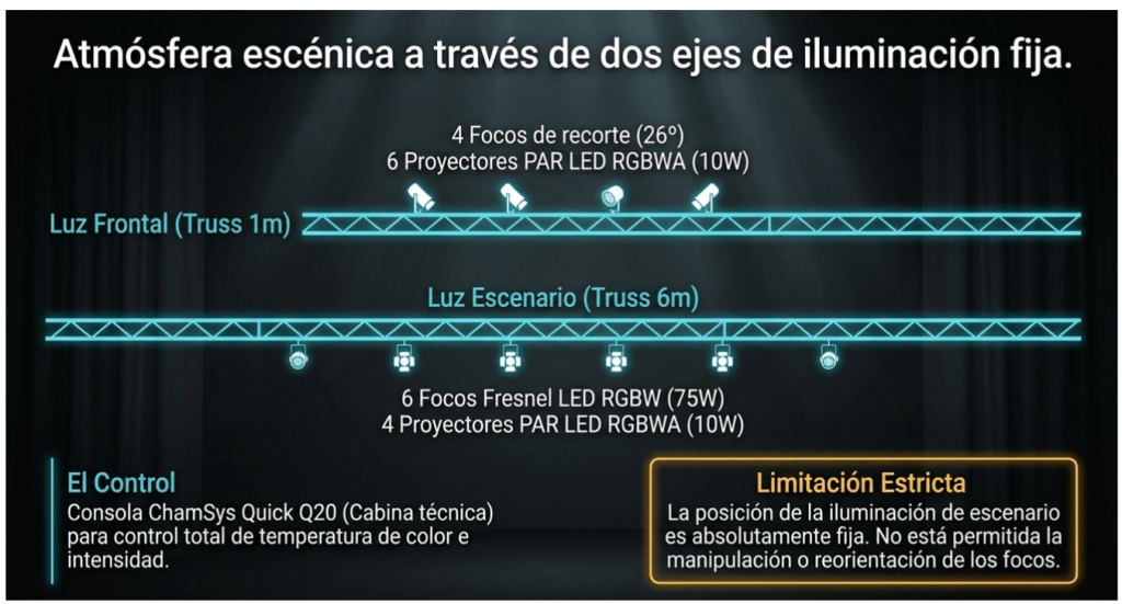 Luz frontal y luz de escenario, consola ChamSys y limitación estricta: los focos no se pueden mover