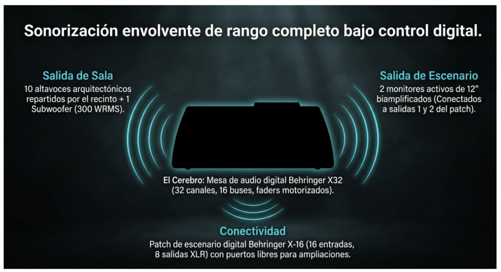 Altavoces de sala, monitores de escenario, mesa Behringer X32 y patch de escenario